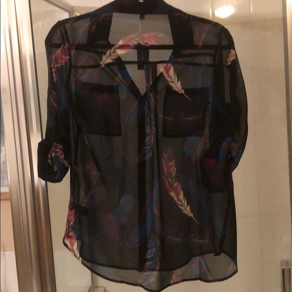 NWOT Express Sheer Black Blouse with Feather Print - Picture 2 of 4